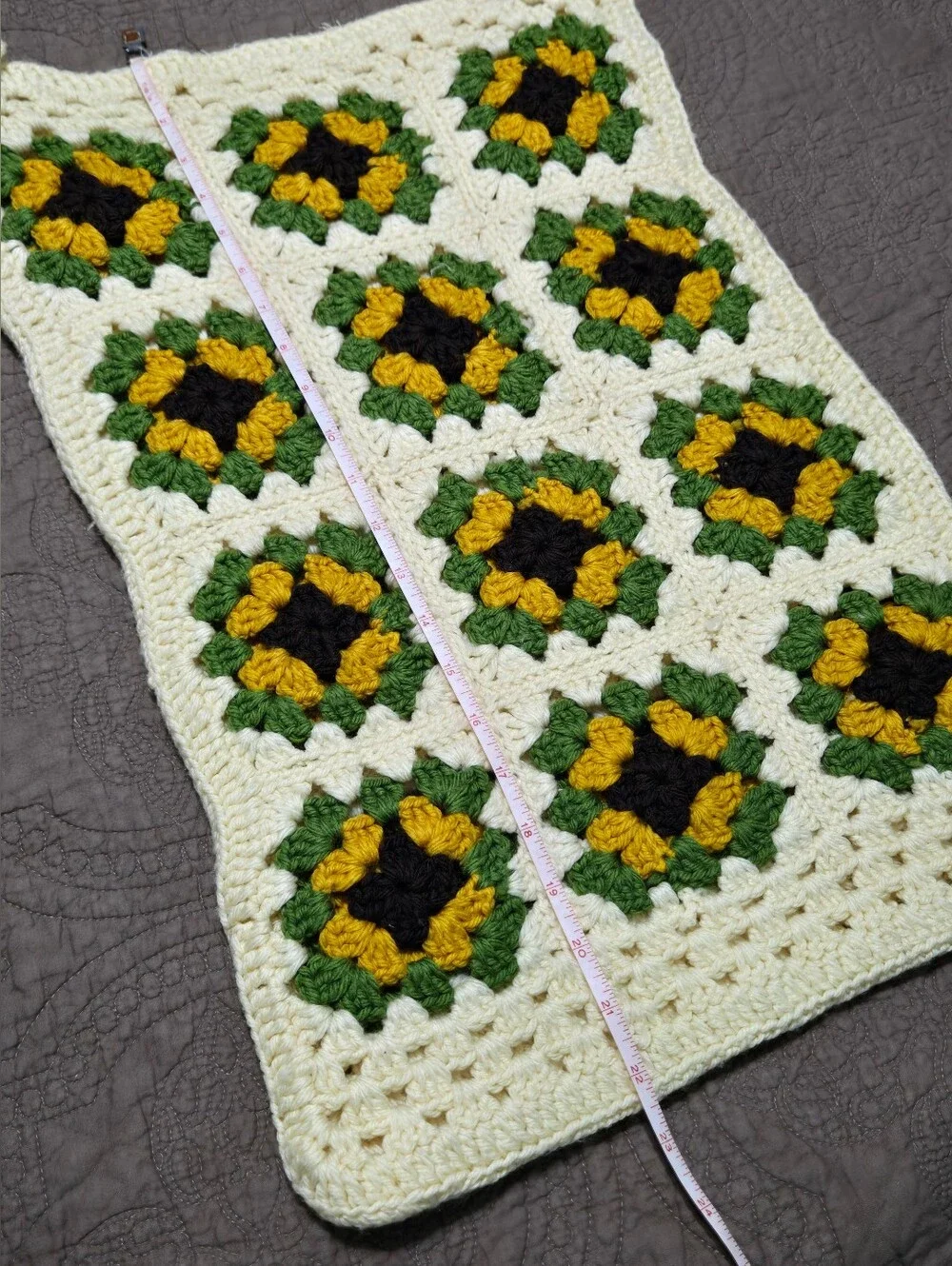 Vintage Granny Square Crochet Pillow Cover, floral sunflower, cover only